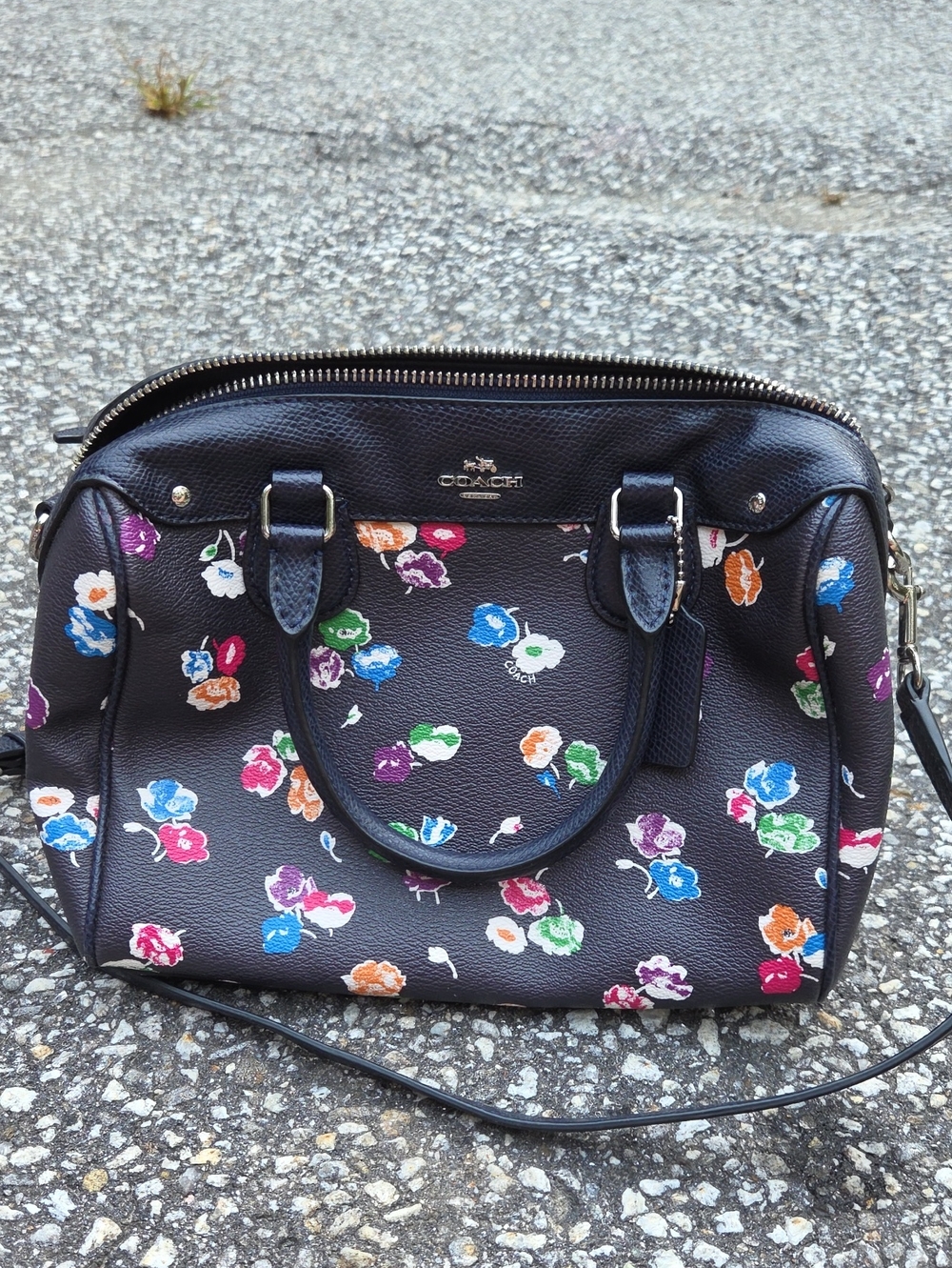 Coach Black Leather Floral Satchel with Multicolor Flowers